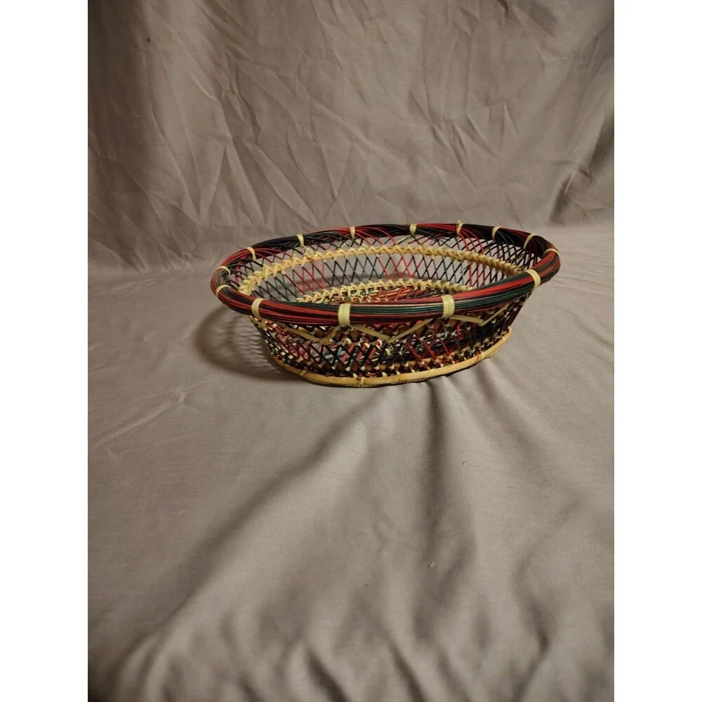 Vintage Multicolor Wicker Rattan Woven Basket Bowl Boho Decor Boho Chic MCM